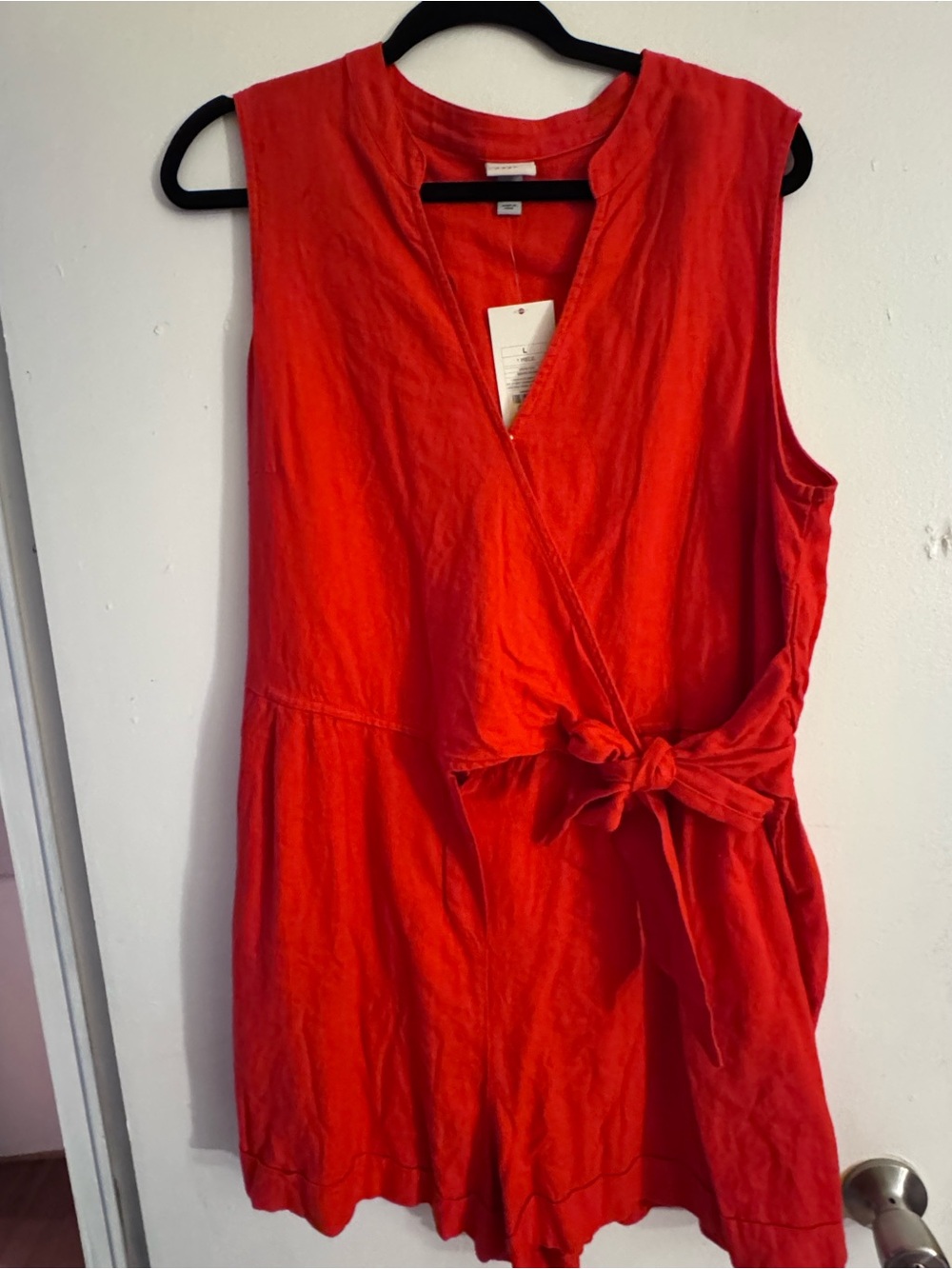 Red Sleeveless Wrap Romper with Tie Waist